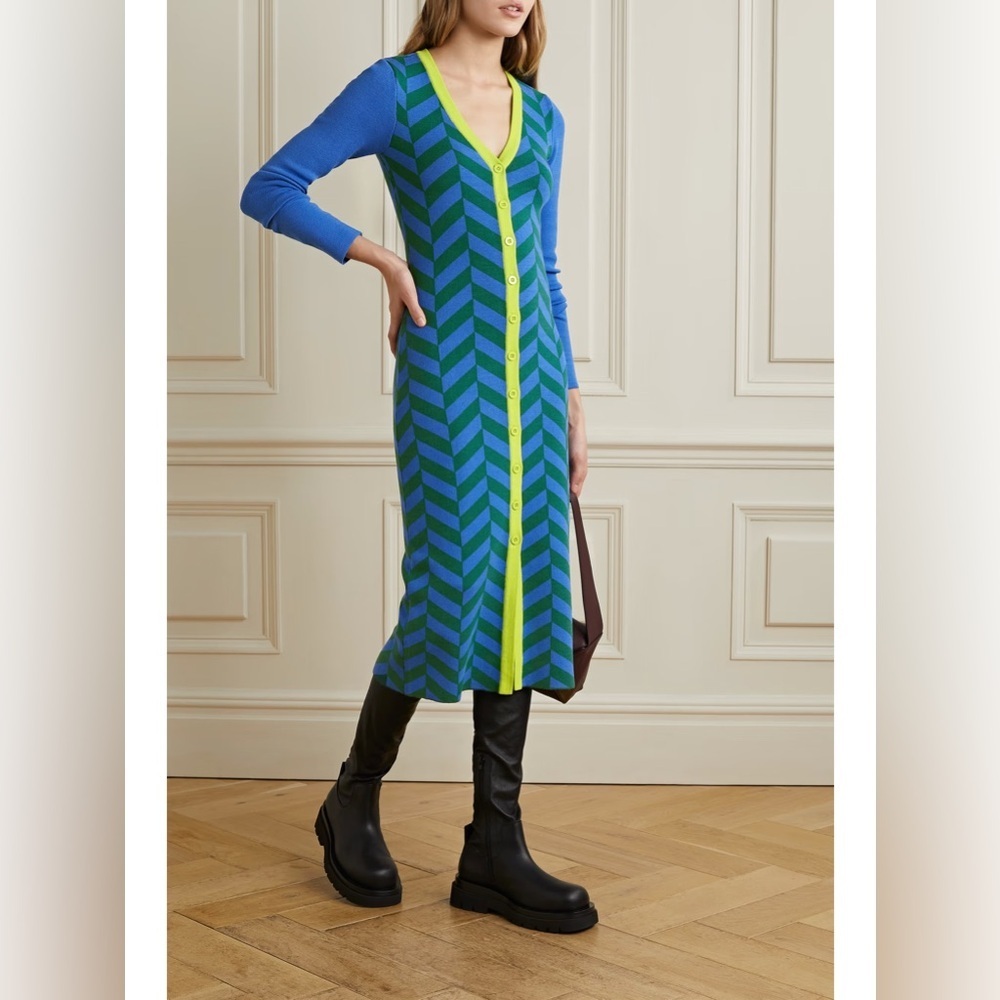 Rhode Women's Regina Jacquard Knit Button Front Midi Dress Blue Size M new
